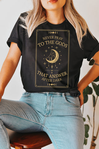 Never pray to the Gods that answer after dark t-shirt | Addie La Rue