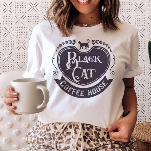 Black cat coffee house t-shirt | Bookish