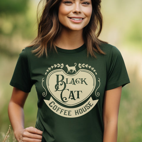 Black cat coffee house t-shirt | Bookish