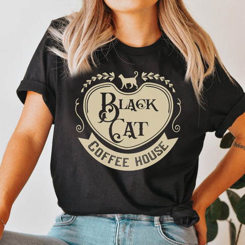 Black cat coffee house t-shirt | Bookish