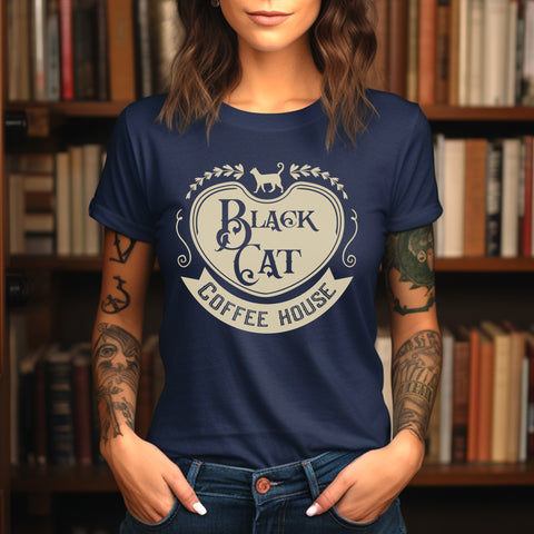 Black cat coffee house t-shirt | Bookish